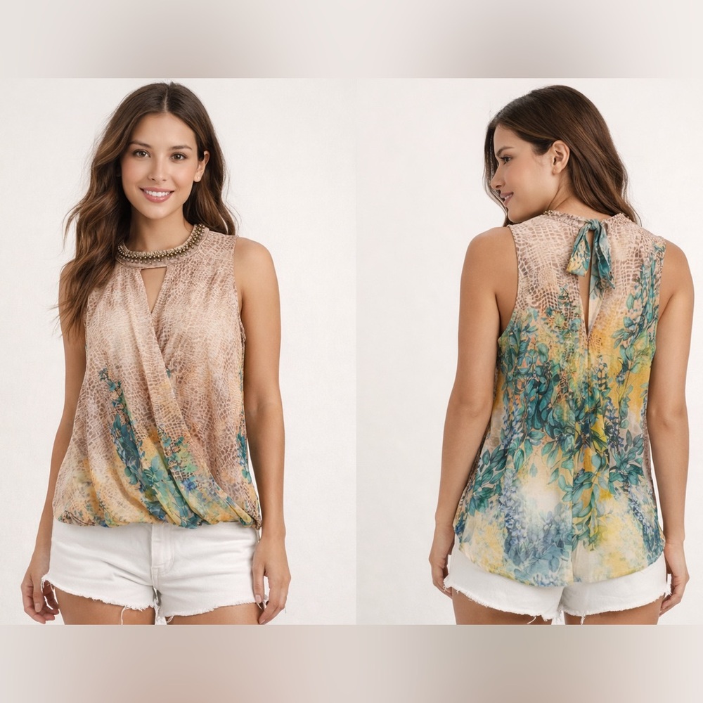 Bebe Vintage Floral Mesh Draped Sleeveless Top with Embellished‎ Neckline Sz. XS